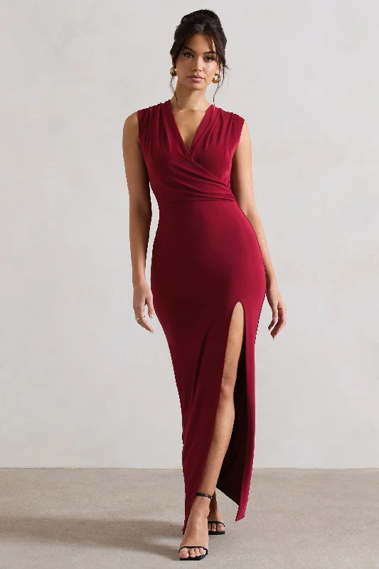 ladies-maxi-dress-flattering-fawn-Honour | Berry V-Neck Split Maxi Dress With Cowl-Back