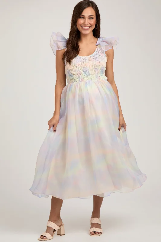 ladies-midi-dress-draped-dream-Multicolor Pastel Smocked Flutter Maternity Midi Dress