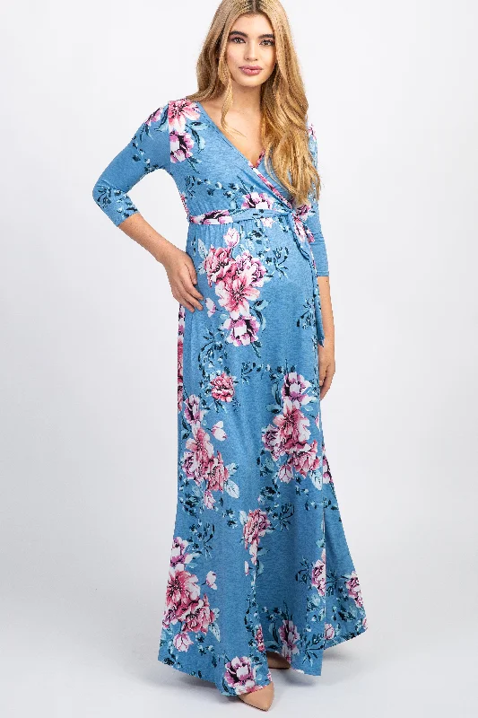 ladies-maxi-dress-geometric-gleam-PinkBlush Blue Floral Sash Tie Maternity/Nursing Wrap Maxi Dress