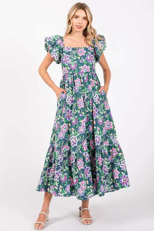 ladies-floral-dress-amber-awe-Green Floral Square Neck Puffy Sleeves Dress