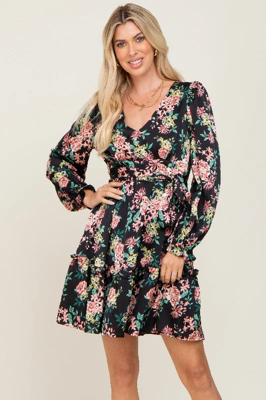 ladies-floral-dress-pink-petal-Black Floral V-Neck Satin Dress