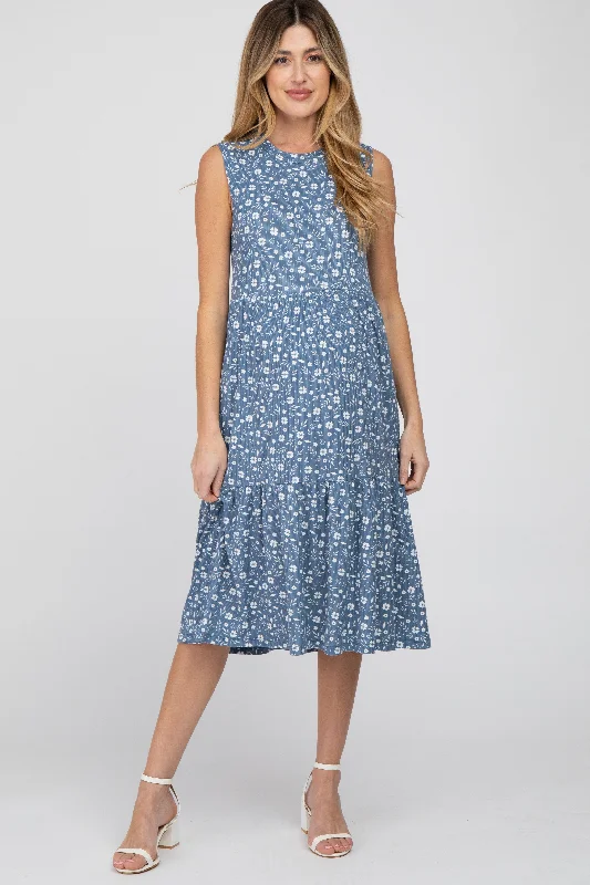 ladies-midi-dress-mono-muse-Blue Floral Ribbed Tiered Maternity Midi Dress