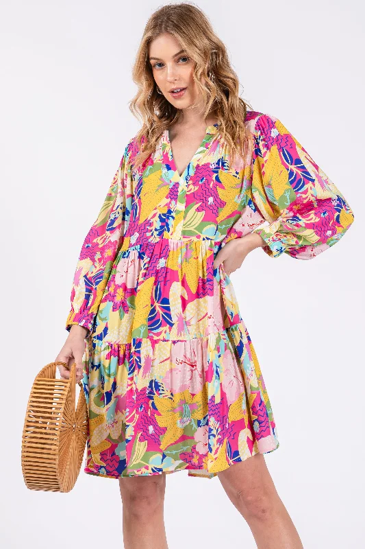 ladies-floral-dress-summer-sprinkle-Fuchsia Multicolor Floral 3/4 Length Sleeve Dress