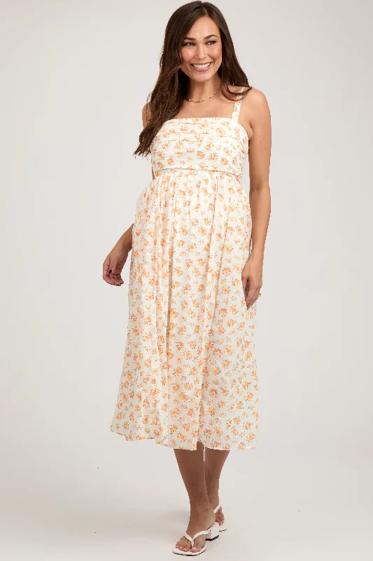 ladies-midi-dress-brunch-bloom-Orange Floral Textured Dot Square Neck Maternity Midi Dress