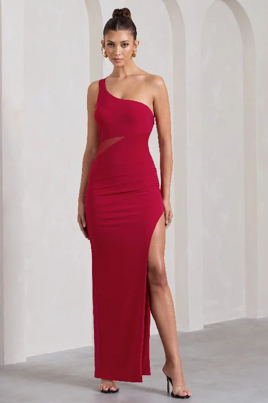 ladies-maxi-dress-romantic-ripple-My Night | Red One Shoulder Sleeveless Cut-Out Split Maxi Dress