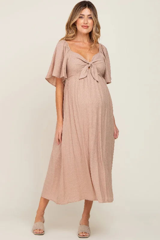 ladies-midi-dress-saffron-sweep-Mocha Front Tie Ruffle Sleeve Maternity Midi Dress