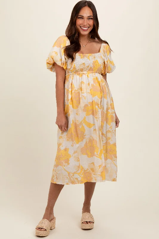 ladies-midi-dress-ruched-rhythm-Yellow Floral Square Neck Smocked Short Puff Sleeve Maternity Midi Dress