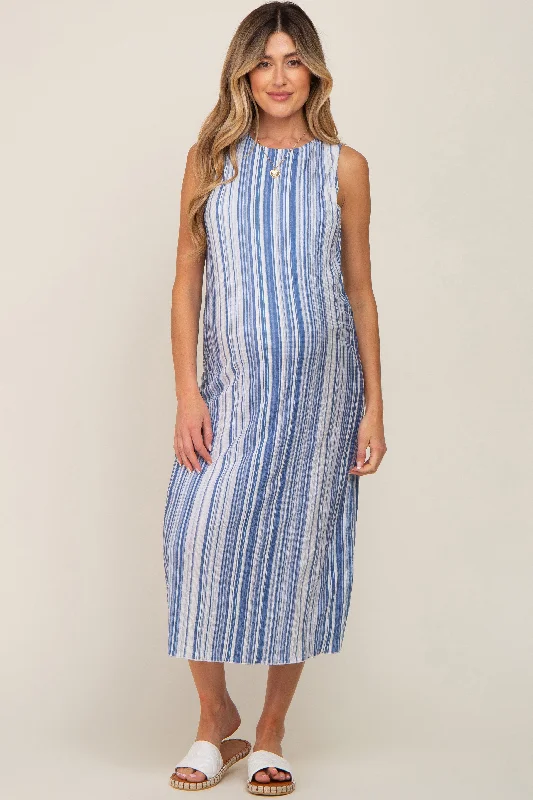 ladies-midi-dress-picnic-poem-Blue Striped Sleeveless Maternity Midi Dress