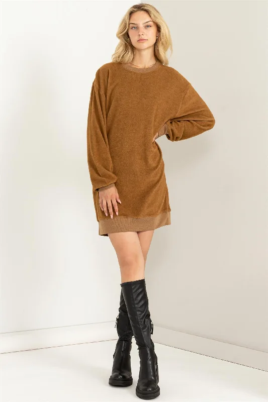 Women's mini dress sage chic -Brown Fleece Oversized Sweatshirt Mini Dress