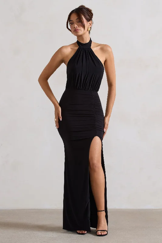 ladies-maxi-dress-beaded-breeze-Forever Dreaming | Black Backless Halter Neck Ruched Split Maxi Dress