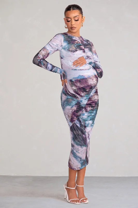 Women's bodycon dress warm glow -Cait | Multi Print Bodycon Maternity Midi Dress