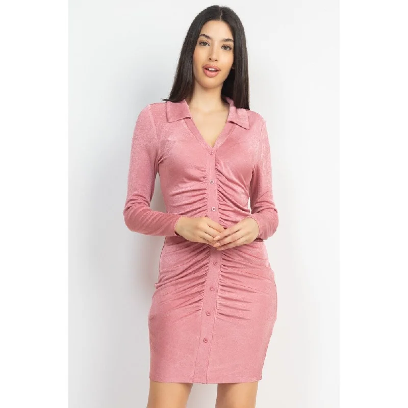 Women's bodycon dress luxe glow -Long Sleeve Collared Button-down Bodycon mini Dress Shirt