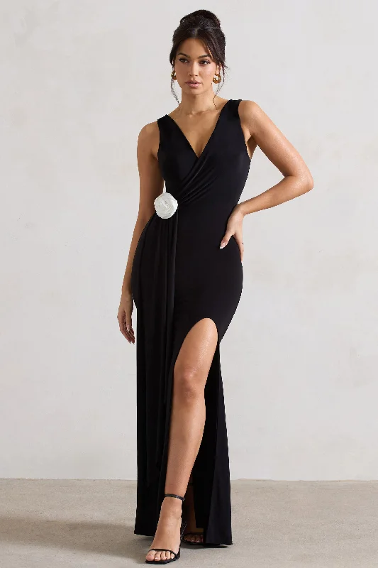 ladies-maxi-dress-spring-sunset-Endora | Black Split Maxi Dress With Corsage & Drape