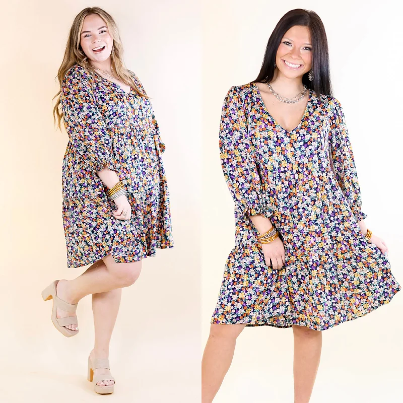 ladies-floral-dress-cowl-cool-Pretty Personality Tiered Floral Dress in Navy Blue