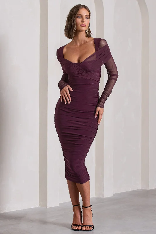 Women's bodycon dress shine pop -Between The Lines | Plum Ruched Mesh Long-Sleeved Bodycon Midi Dress