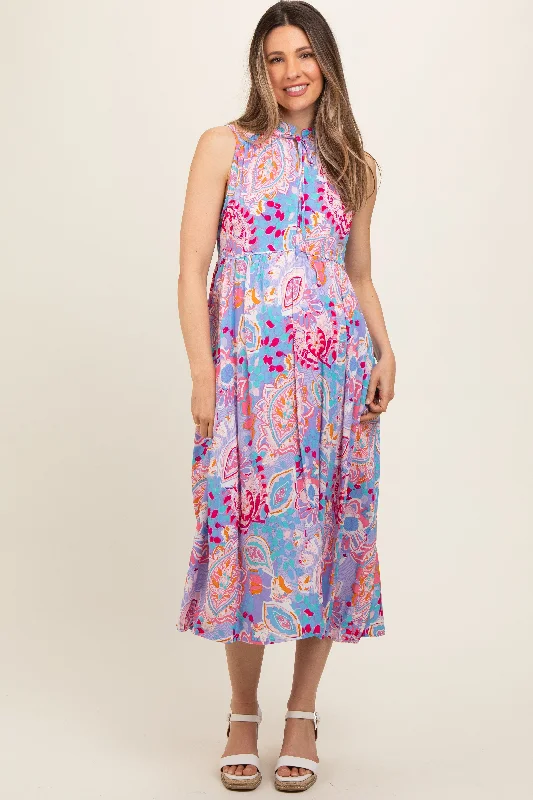 ladies-midi-dress-sustainable-sway-Lavender Floral Paisley Mock Neck Maternity Midi Dress