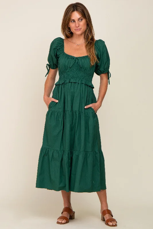 ladies-midi-dress-sophisticated-sway-Forest Green Shirred Front Tie Short Sleeve Tiered Midi Dres