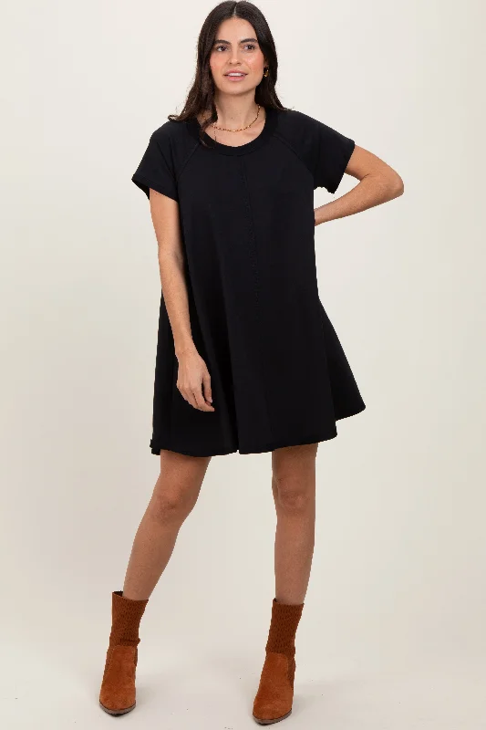 Women's mini dress wing pop -Black French Terry Basic Short Sleeve Mini Dress