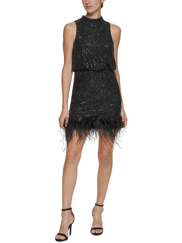 Women's party dress modern -Petites Womens Sequined Mini Cocktail and Party Dress