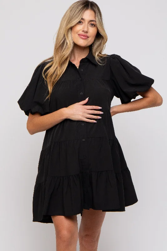 Women's mini dress mist glow -Black Puff Sleeve Maternity Mini Shirt Dress