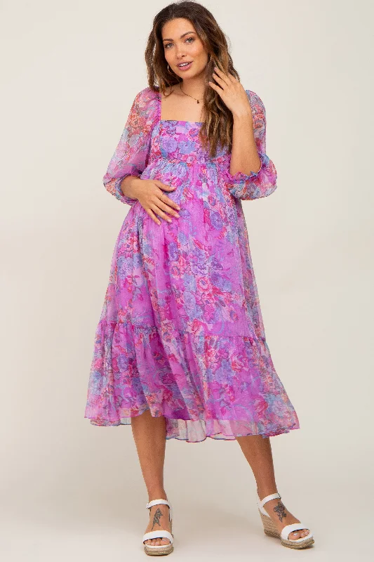 ladies-midi-dress-summer-bliss-Pink Floral Shimmer Chiffon Maternity Midi Dress