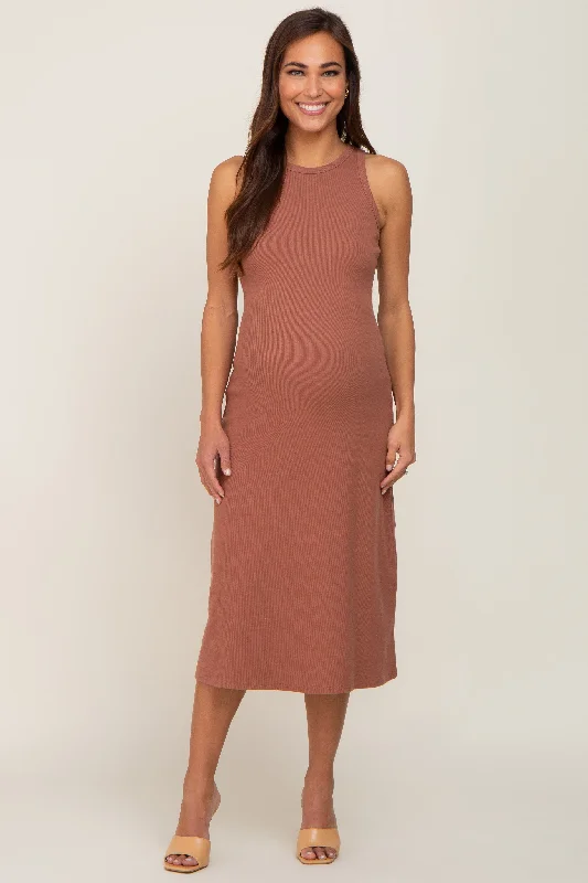 ladies-midi-dress-dainty-dream-Rust Ribbed Sleeveless A-Line Maternity Midi Dress