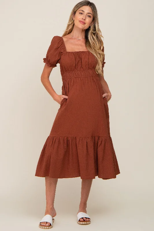 ladies-midi-dress-runway-rush-Camel Puff Sleeve Ruffle Hem Maternity Midi Dress