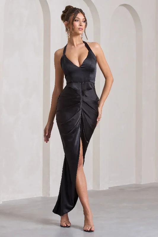 ladies-maxi-dress-square-sweep-Rebecca | Black Satin Plunge Halter-Neck Open-Back Split Maxi Dress