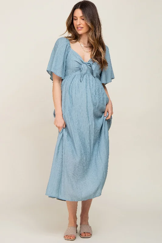 ladies-midi-dress-yellow-yield-Blue Front Tie Ruffle Sleeve Maternity Midi Dress