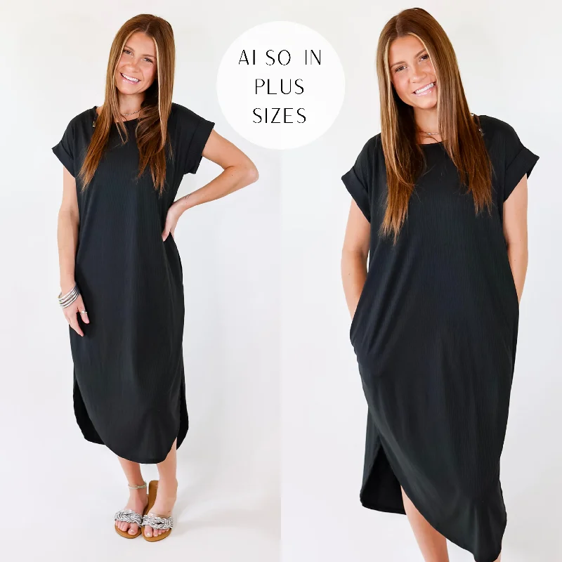 ladies-midi-dress-glitter-gleam-Last Chance Size Small & XL | Chill Looks Short Sleeve Thin Ribbed Midi Dress in Black