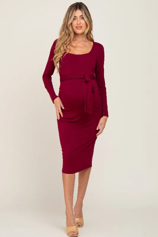 ladies-midi-dress-effortless-ease-Burgundy Basic Square Neck Maternity Midi Dress