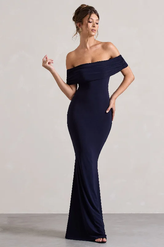 ladies-maxi-dress-sand-sweep-Cloe | Navy Bardot Maxi Dress