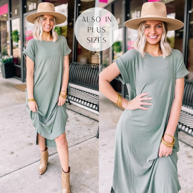 ladies-midi-dress-embroidered-edge-Chill Looks Short Sleeve Thin Ribbed Midi Dress in Olive Green