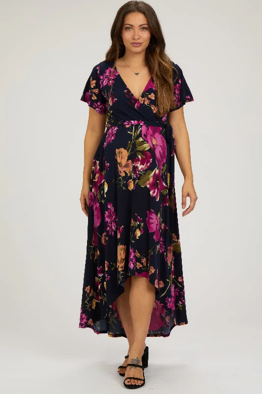 ladies-midi-dress-crimson-calm-Navy Blue Floral Print Wrap Front V-Neck Hi-Low Maternity Midi Dress