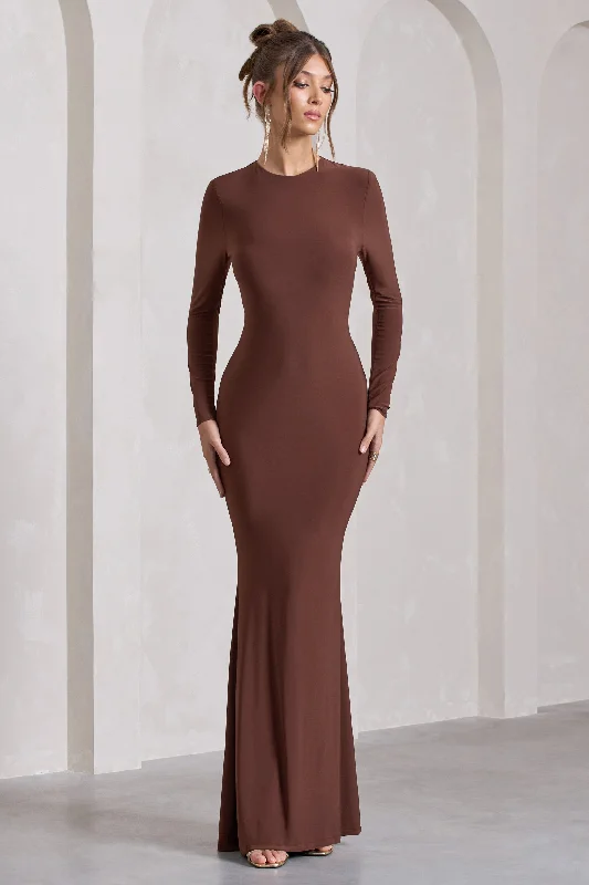 ladies-maxi-dress-saffron-silk-Starring | Chocolate Brown Long-Sleeve Backless Maxi Dress