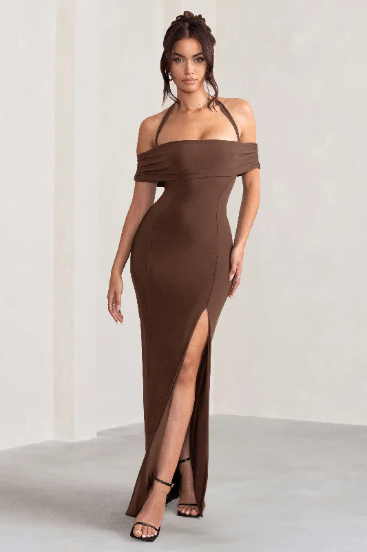 ladies-maxi-dress-tiktok-twirl-Anisa | Chocolate Brown Layered Halter Neck Bardot Maxi Dress With Thigh Split