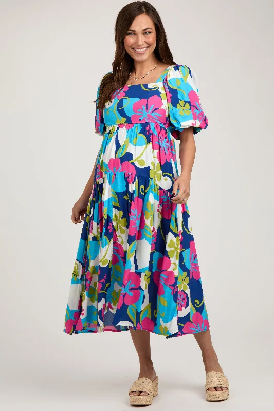 ladies-midi-dress-insta-illume-Royal Floral Tiered Puff Sleeve Maternity Midi Dress