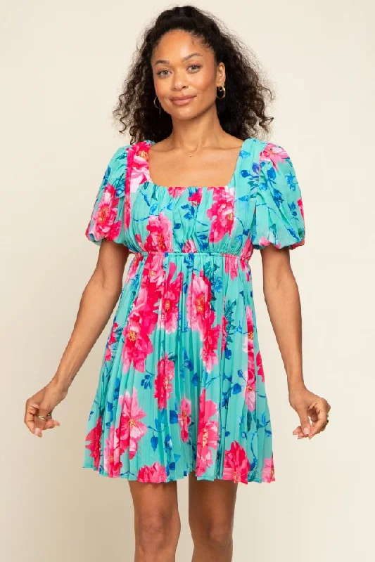 ladies-floral-dress-vacation-vine-Turquoise Floral Chiffon Square Neck Pleated Dress