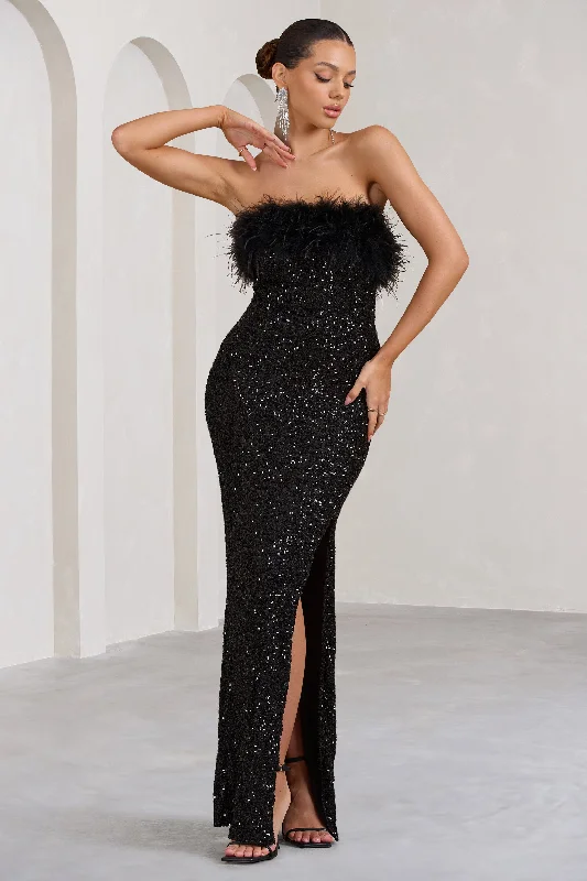 Women's bodycon dress mute chic -Old Money | Black Bodycon Sequin Maxi Dress With Feather Trim