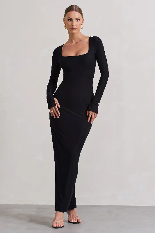 ladies-maxi-dress-leather-luxe-Viva | Black Square-Neck Long-Sleeve Maxi Dress