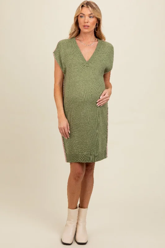 Women's mini dress snap pop -Light Olive Contrast Stitch V-Neck Maternity Mini Sweater Dress