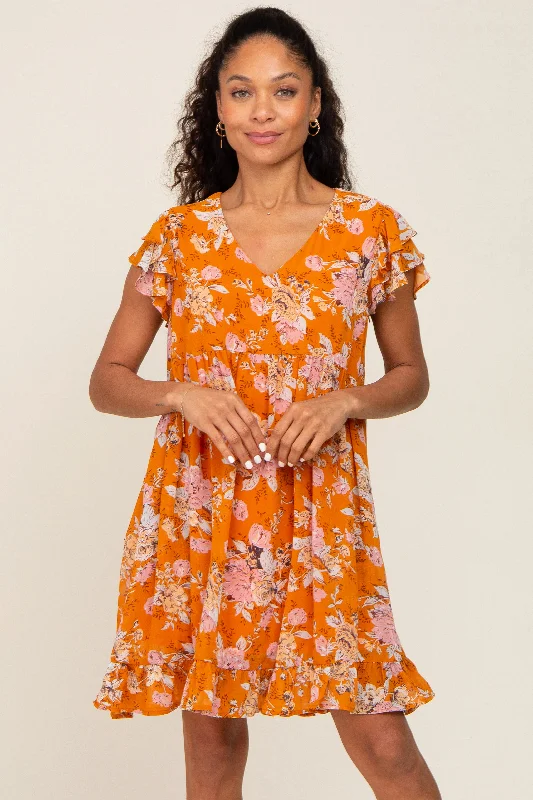 ladies-floral-dress-sporty-sweep-Orange Floral Flutter Sleeve Babydoll Dress