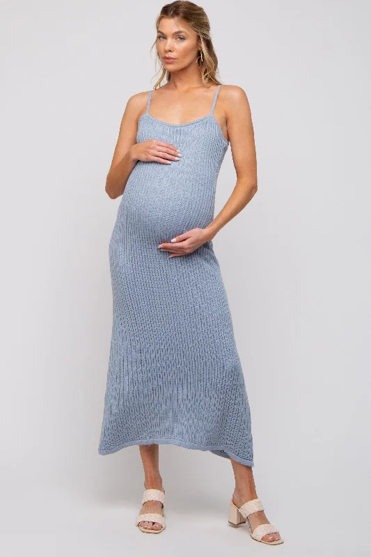 ladies-midi-dress-satin-sweep-Light Blue Open Knit Crochet Maternity Midi Dress