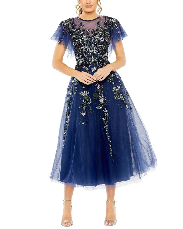 ladies-floral-dress-soft-sheen-Mac Duggal Flutter Sleeve High Neck Embellished Floral Dress