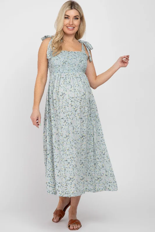 ladies-midi-dress-elegant-essence-Light Blue Floral Smocked Tie Strap Maternity Midi Dress