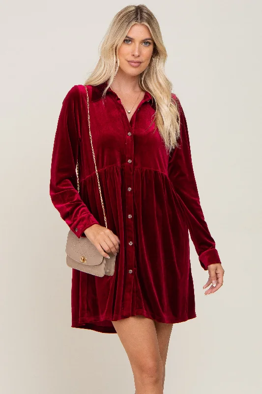 Women's mini dress glen chic -Burgundy Velvet Button Down Mini Dress