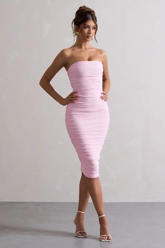 Women's bodycon dress knot pop -My Girl | Pink Strapless Bodycon Ruched Mesh Midi Dress