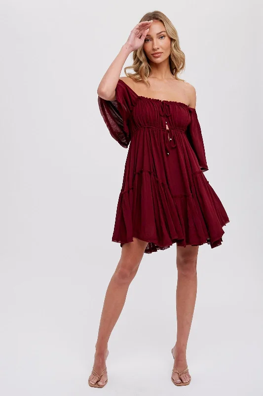 Women's mini dress silk glow -Burgundy Ruffle Hem  Ruched Mini Dress