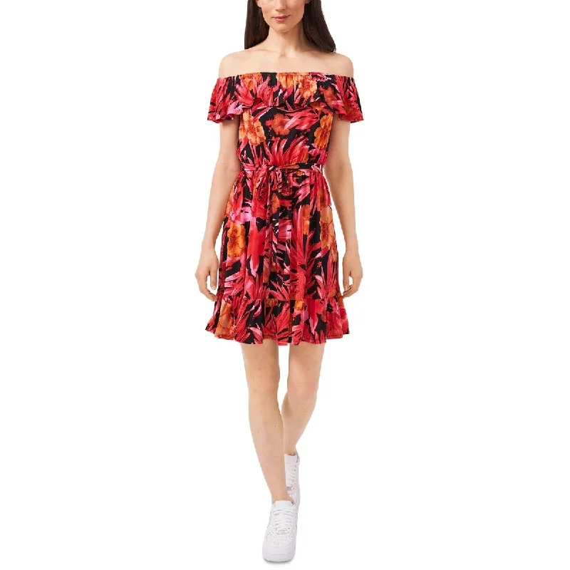 Women's party dress leopard -Riley & Rae Women's Stretch Ruffled Off Shoulder Above The Knee Party Fit Flare Dress Red Size X-Small