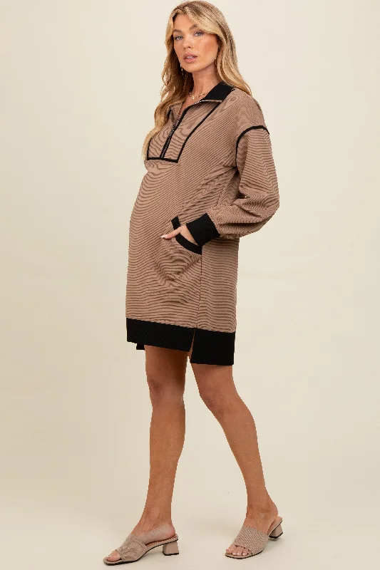 Women's mini dress flash glow -Mocha Contrast Trim Collared Zip Up Maternity Mini Dress